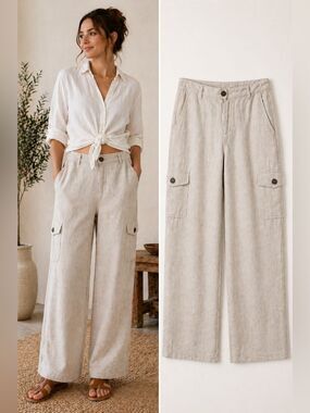 Saks Fifth Avenue Threads 100% Linen Convertible Cargo Wide Leg Pants Size 6